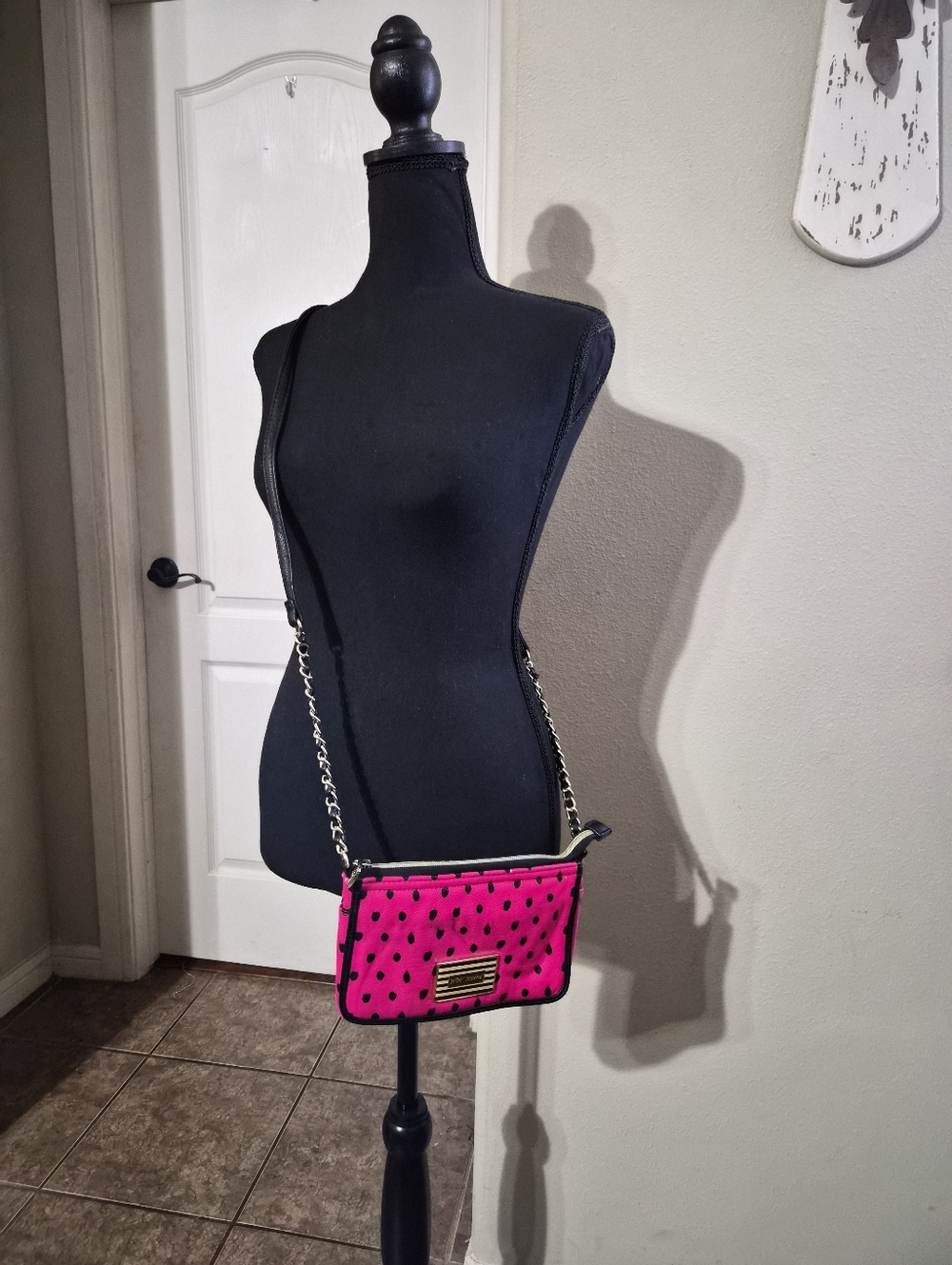 Betsey Johnson Hot Pink Polka Dot Crossbody with Gold Chain